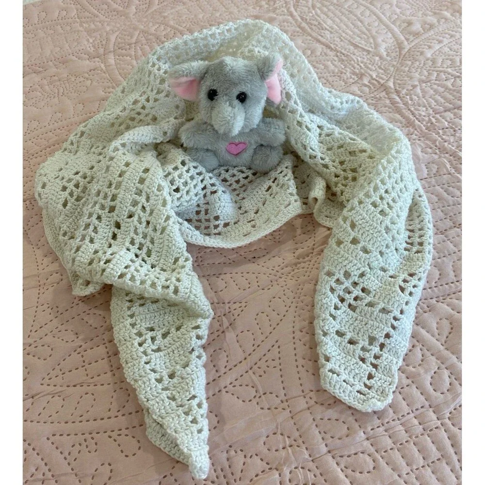 Handmade Vintage Crochet Newborn Baby Afghan Off White Loose Weave Heirloom Gift